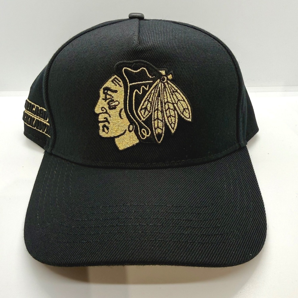 Chicago Blackhawks NHL Pro Standard Snapback Hat Black Gold Pin Leather Button